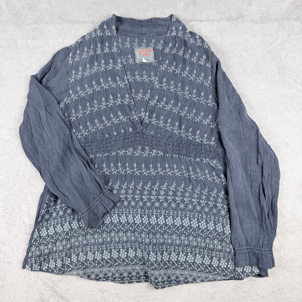 Johnny Was Blue Grey Floral Eyelet Embroidered Smocked Empire Waist Tunic Large